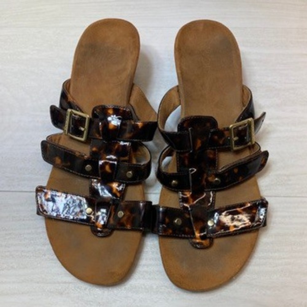 Vionic Womens 9 Radia Wedge Sandals Slide Tortoise Shell Patent Leather Orthotic